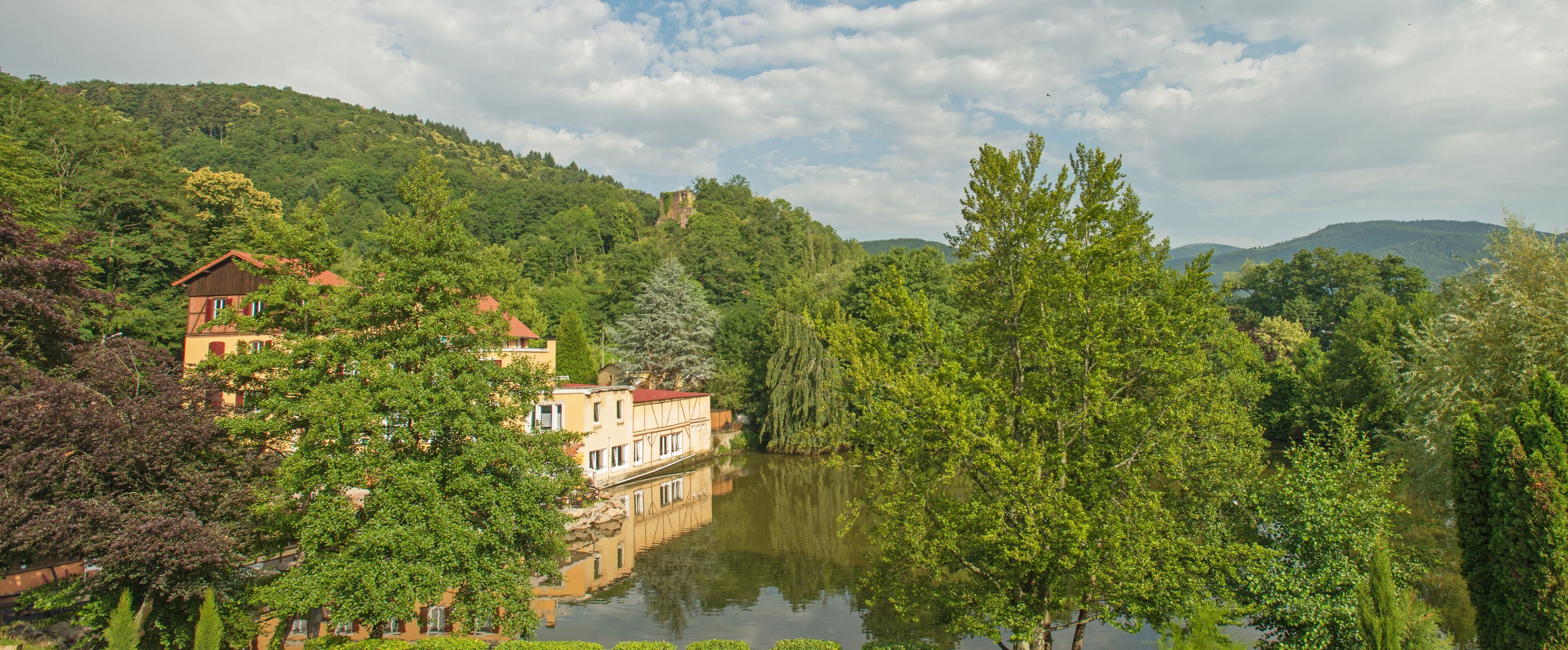 Building along a lake in summer