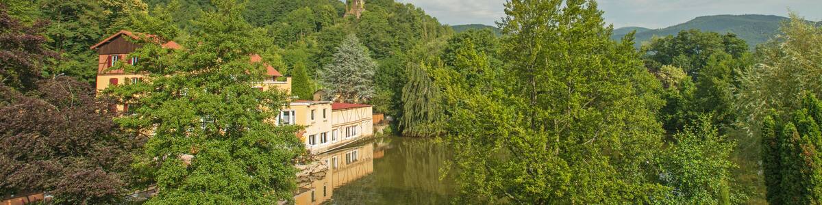 Building along a lake in summer