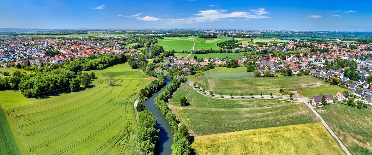 Aerial panorama of the Ill river between Fegersheim and Eschau near Strasbourg - Grand Est, France