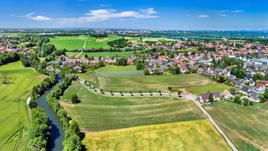 Aerial panorama of the Ill river between Fegersheim and Eschau near Strasbourg - Grand Est, France
