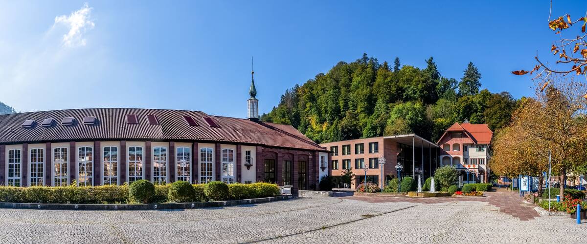 A historic building with a tiled roof, surrounded by cobblestone pavement and lush greenery.