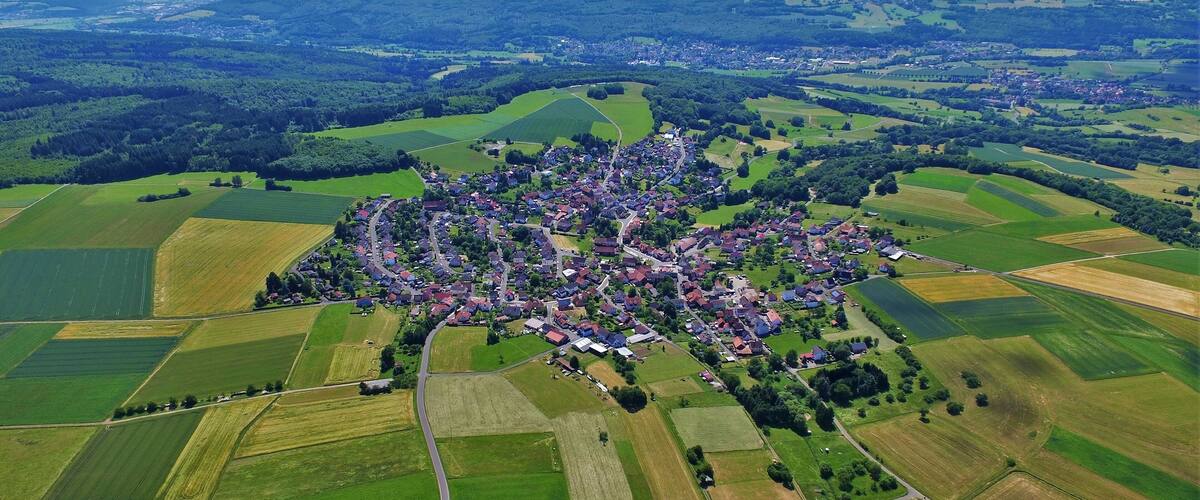 An aerial view of a rural village surrounded by fields and forests.