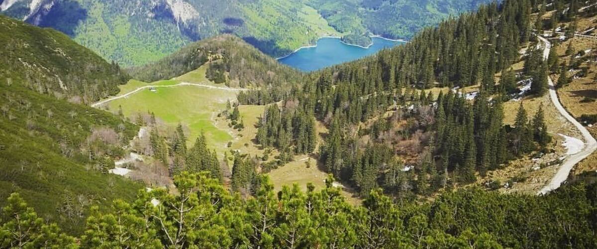 A mountainous landscape with a lake, forested areas, and a winding road.