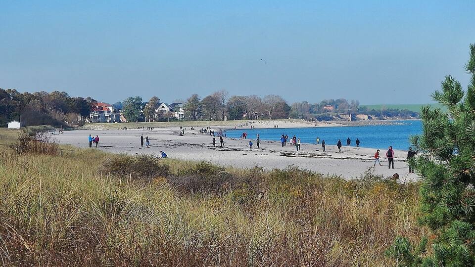 A beach with people walking and standing, surrounded by houses and trees.