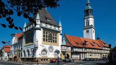 Celle which includes a city, a church or cathedral and heritage architecture