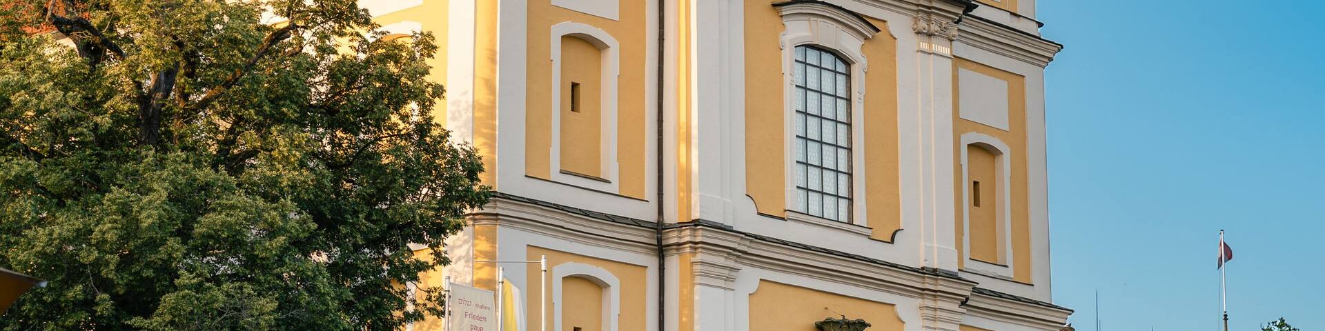 Baroque facade of St. Johann church (Stadtkirche) with twin towers in Donaueschingen ideal for travel guides