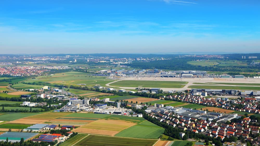 Aerial view of Stuttgart area with Stuttgart Airport (STR) on a sunny day