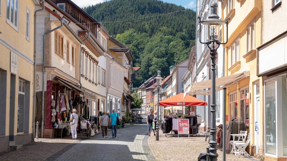 A cobblestone street lined with shops and a mountain in the background.