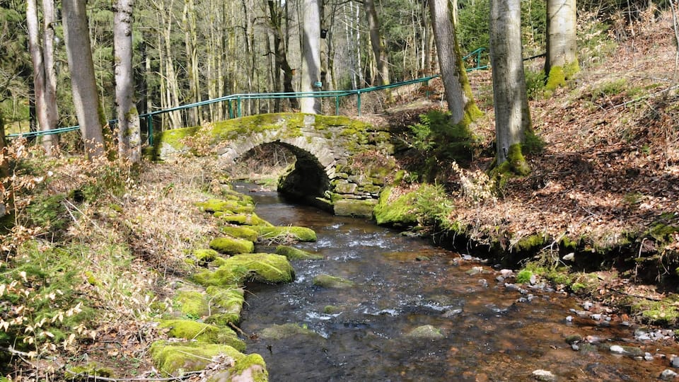 A stone bridge over a stream in a forested area.
