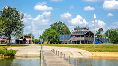 Steg und Ufer am Altmühlsee, Gunzenhausen, Bayern, Deutschland