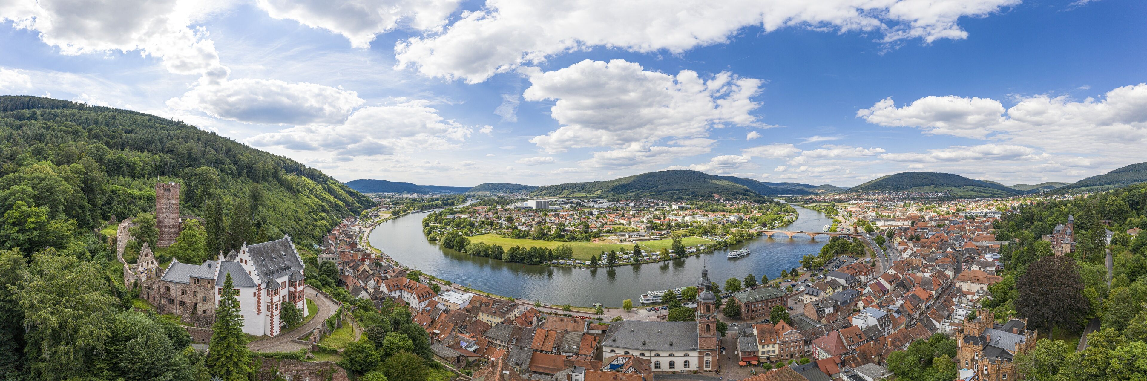 Aerial drone panoramic picture of the medieval city of Miltenberg in Germany during daytime
