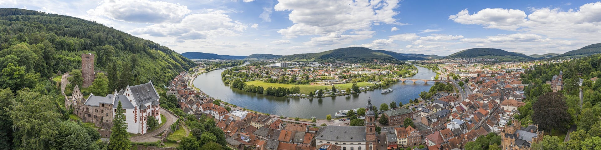 Aerial drone panoramic picture of the medieval city of Miltenberg in Germany during daytime