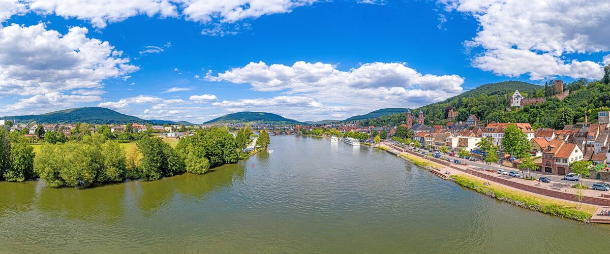 A river flowing through a town with historic buildings and a bridge.