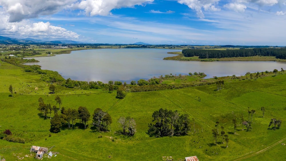 aerial panorama of Lake Horowhenua in New Zealand
