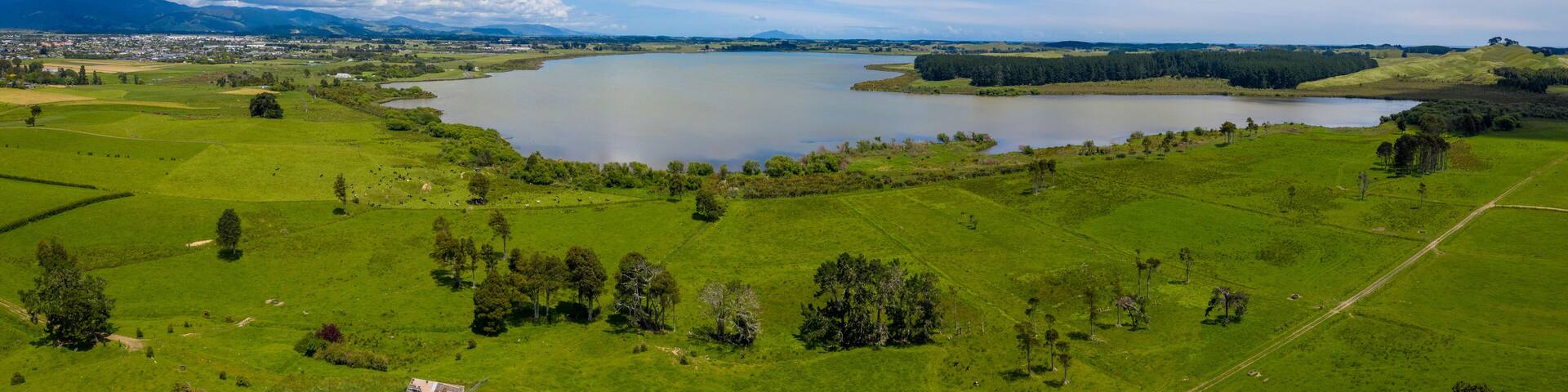 aerial panorama of Lake Horowhenua in New Zealand