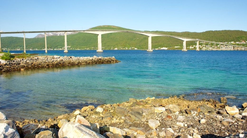 Finnsnes which includes general coastal views, a coastal town and a bridge
