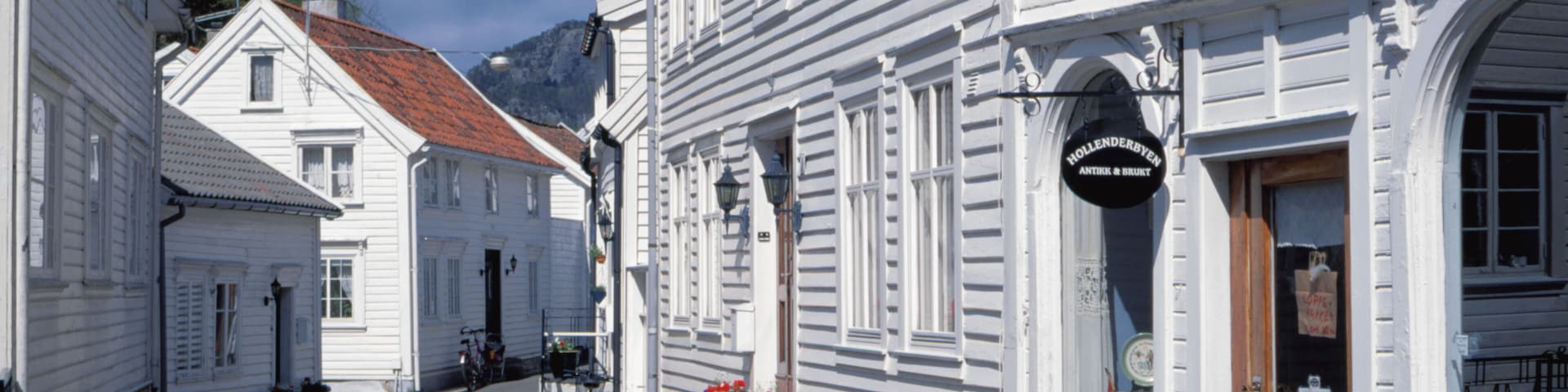 AJF368 Beautiful old white painted traditional timber houses, Hollanderbyen, Flekkefjord,  Vest-Agder, Norway.
