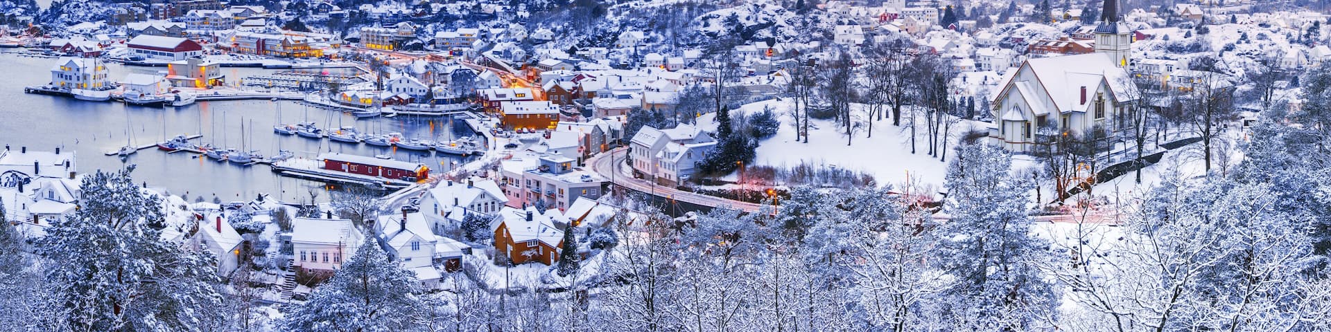 Picturesque aerial view of town with buildings in sunset