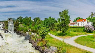 A waterfall, a river, a bridge, and houses in a green landscape.