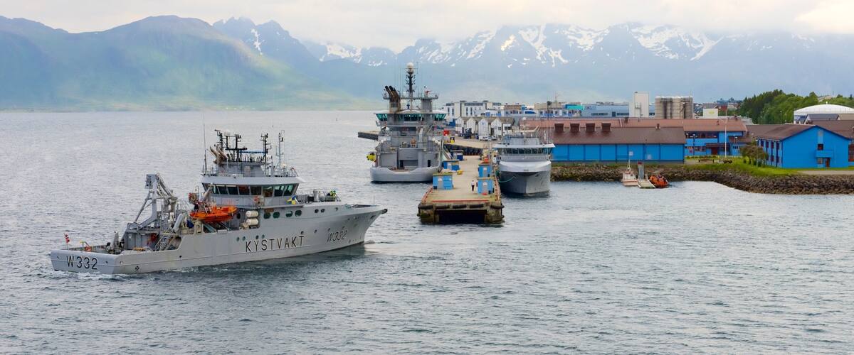 A harbor with several ships docked, a blue building, and snow-capped mountains in the background.