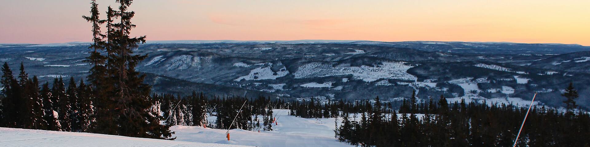 Freshly groomed ski slope at sunrise in Trysil, Norway, with panoramic view of snowy mountains and pine forests. Winter morning alpine landscape.