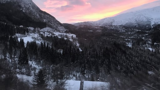 On the train from Bergen to Oslo 6 hour journey but beautiful lakes and snow covered pine forests well worth the £46 .Will definitely be going back