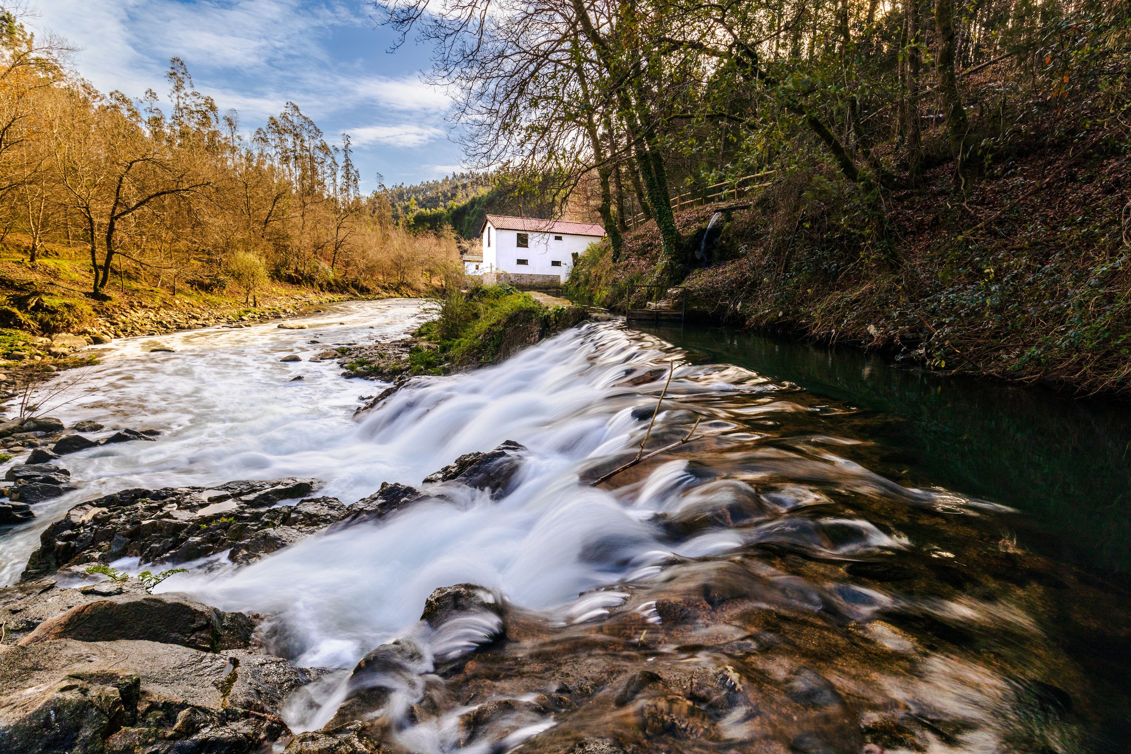 A flowing river with a house on a hill.