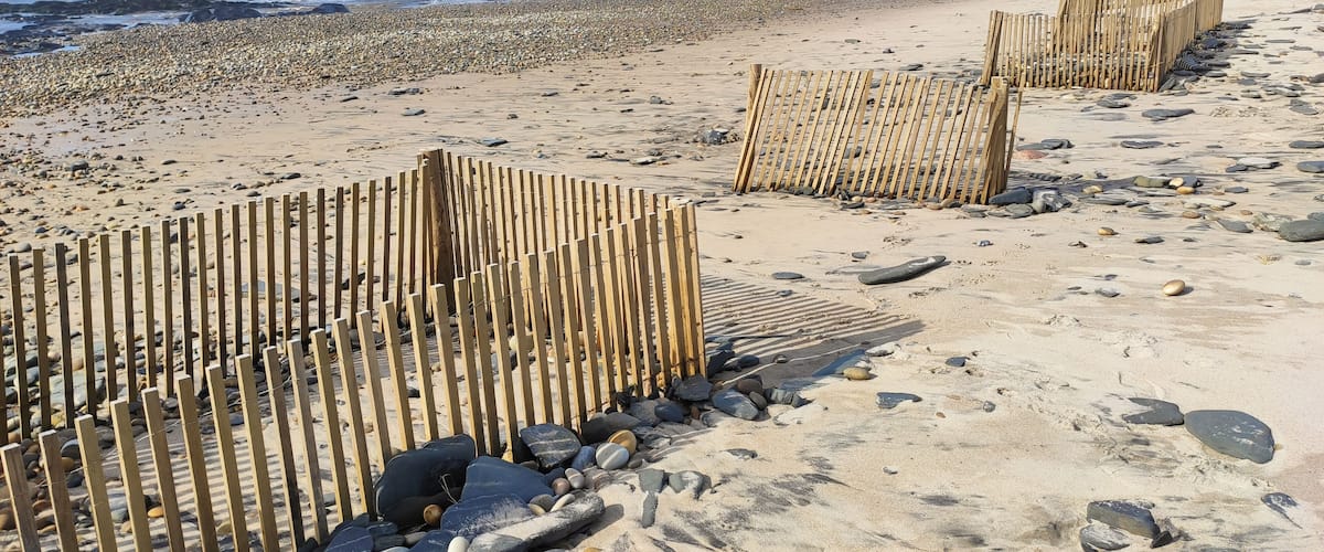 A sandy beach with wooden fences and scattered rocks.
