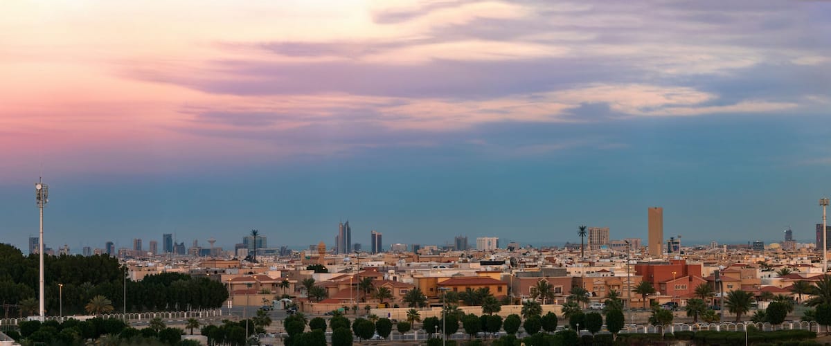 A cityscape with a mix of modern and traditional buildings, palm trees, and a clear sky.