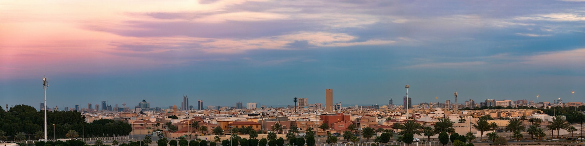 A cityscape with a mix of modern and traditional buildings, palm trees, and a clear sky.