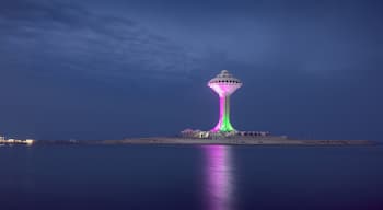 Ein hoher Turm mit markanter Gestaltung, beleuchtet in Pink- und Grüntönen, steht auf einer kleinen Insel im Wasser.