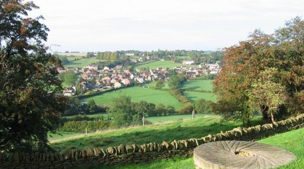 Nether Heage from Heage Windmill Looking down toward Nether Heage from the base of the windmill. Note the millstone in the foreground.