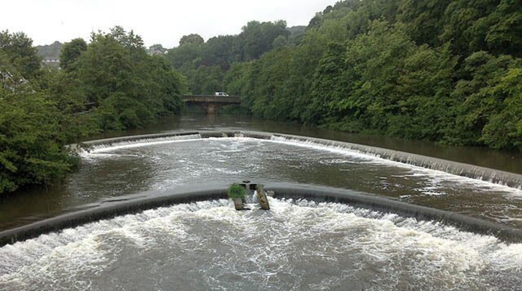 Weirs at Milford A pair of beautiful horseshoe weirs just downstream of Milford Bridge, which can be seen, complete with white van.