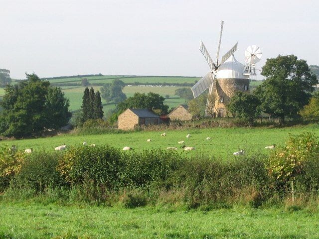 A windmill, sheep, and rural landscape.