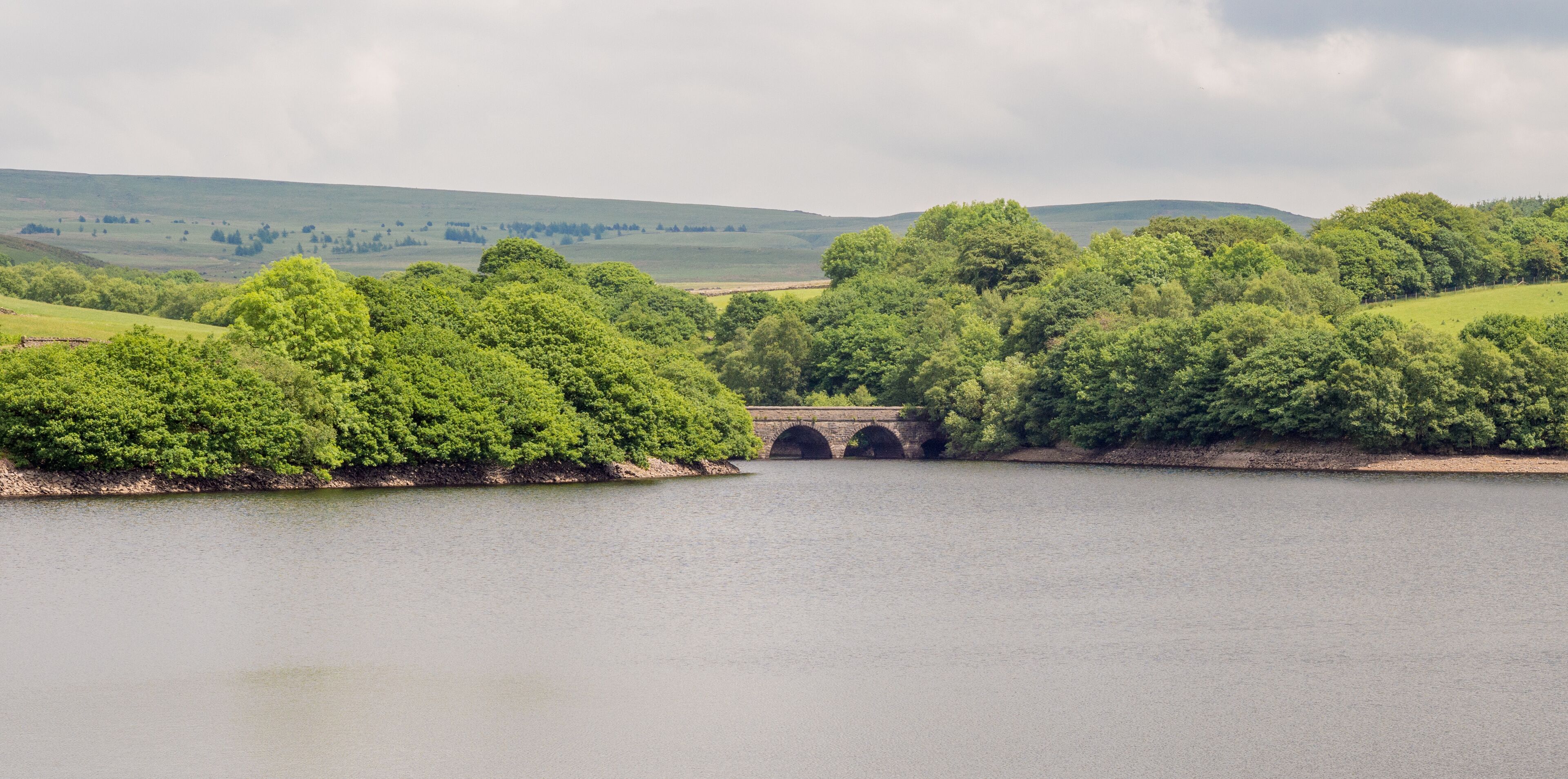A stone bridge over a calm river, surrounded by lush green hills and dense trees.