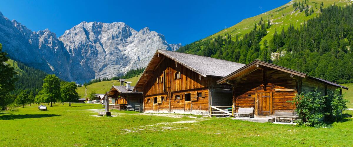 A wooden cabin with a sloped roof, surrounded by a lush green meadow, with mountains in the background.