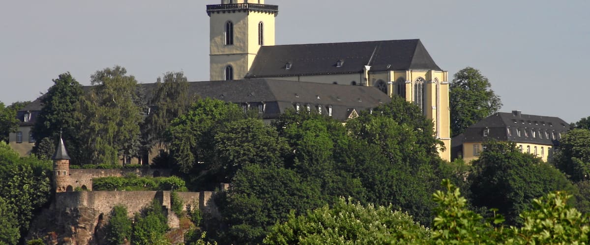Siegburg, Germany. Michaelsberg abby, exterior view from South-East.