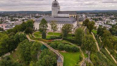 A castle surrounded by lush greenery and a town in the background.