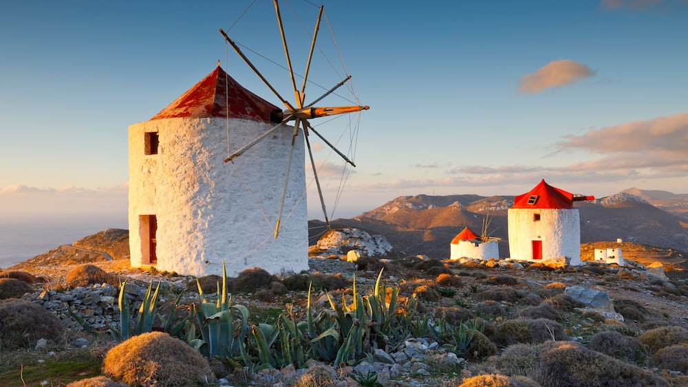 Traditional windmills near Chora village on Amorgos island in Greece.