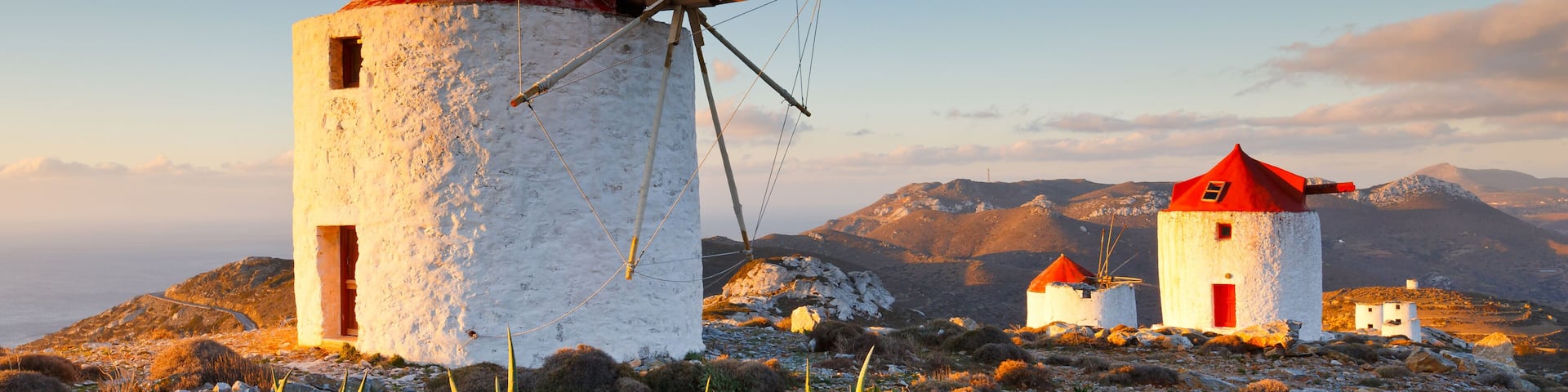 Traditional windmills near Chora village on Amorgos island in Greece.