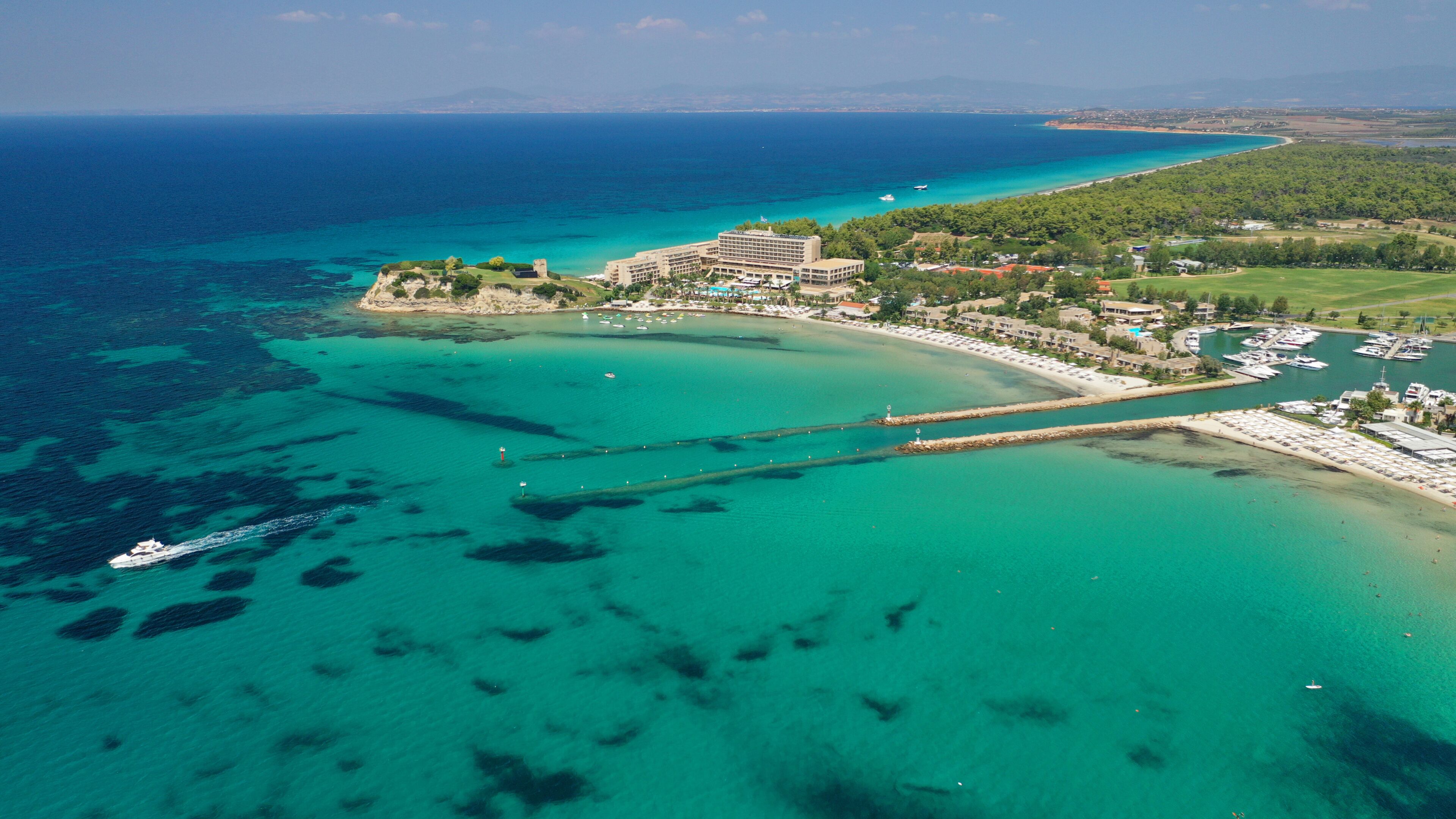 Aerial drone photo from iconic village of Sani with unique nature in North Kassandra peninsula, Halkidiki, North Greece