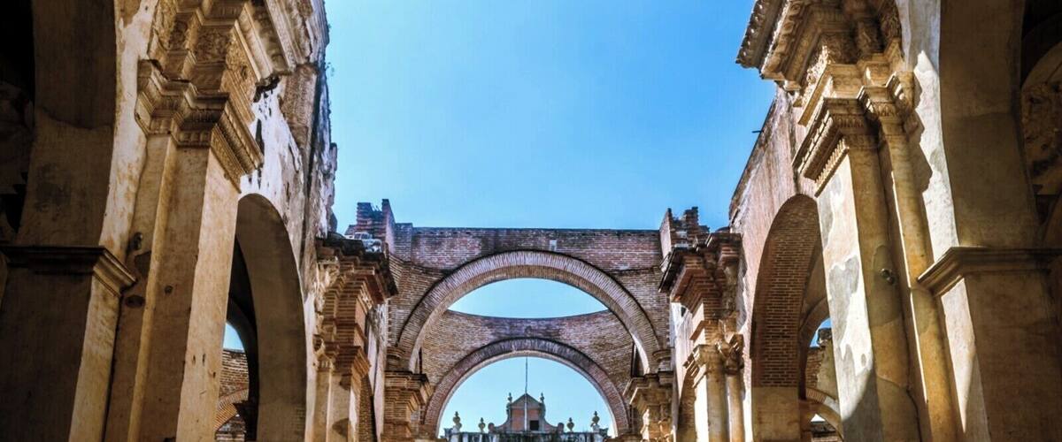 Panoramic inside the ruins of Antigua's Cathedral, one of the many buildings that collapsed after the earthquake that destroyed the city in 1773.