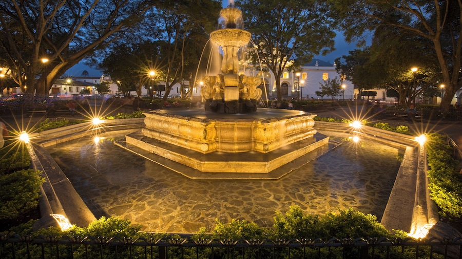 Central Square in Antigua Guatemala facing the Cathedral at blue hour.