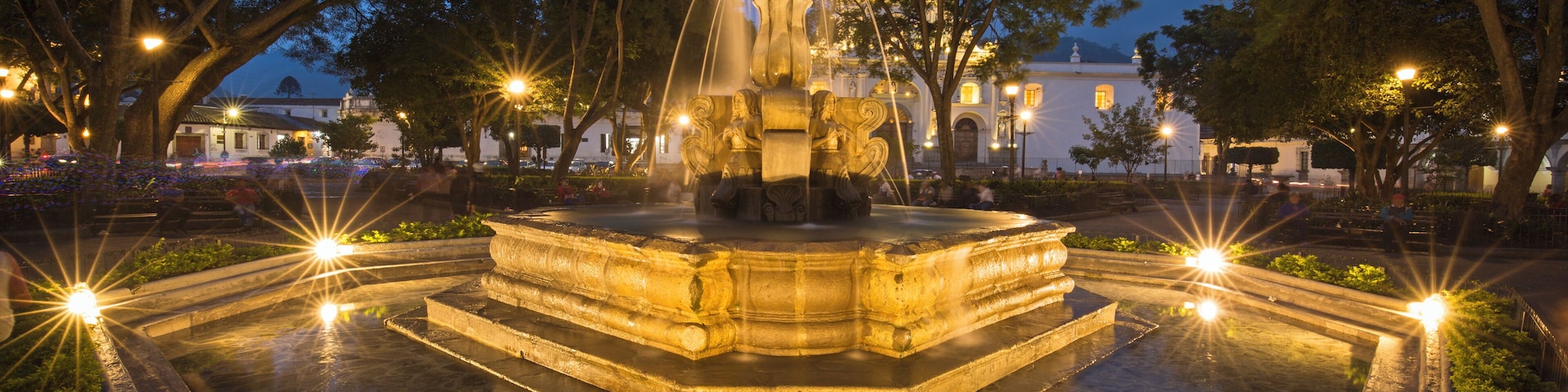 Central Square in Antigua Guatemala facing the Cathedral at blue hour.