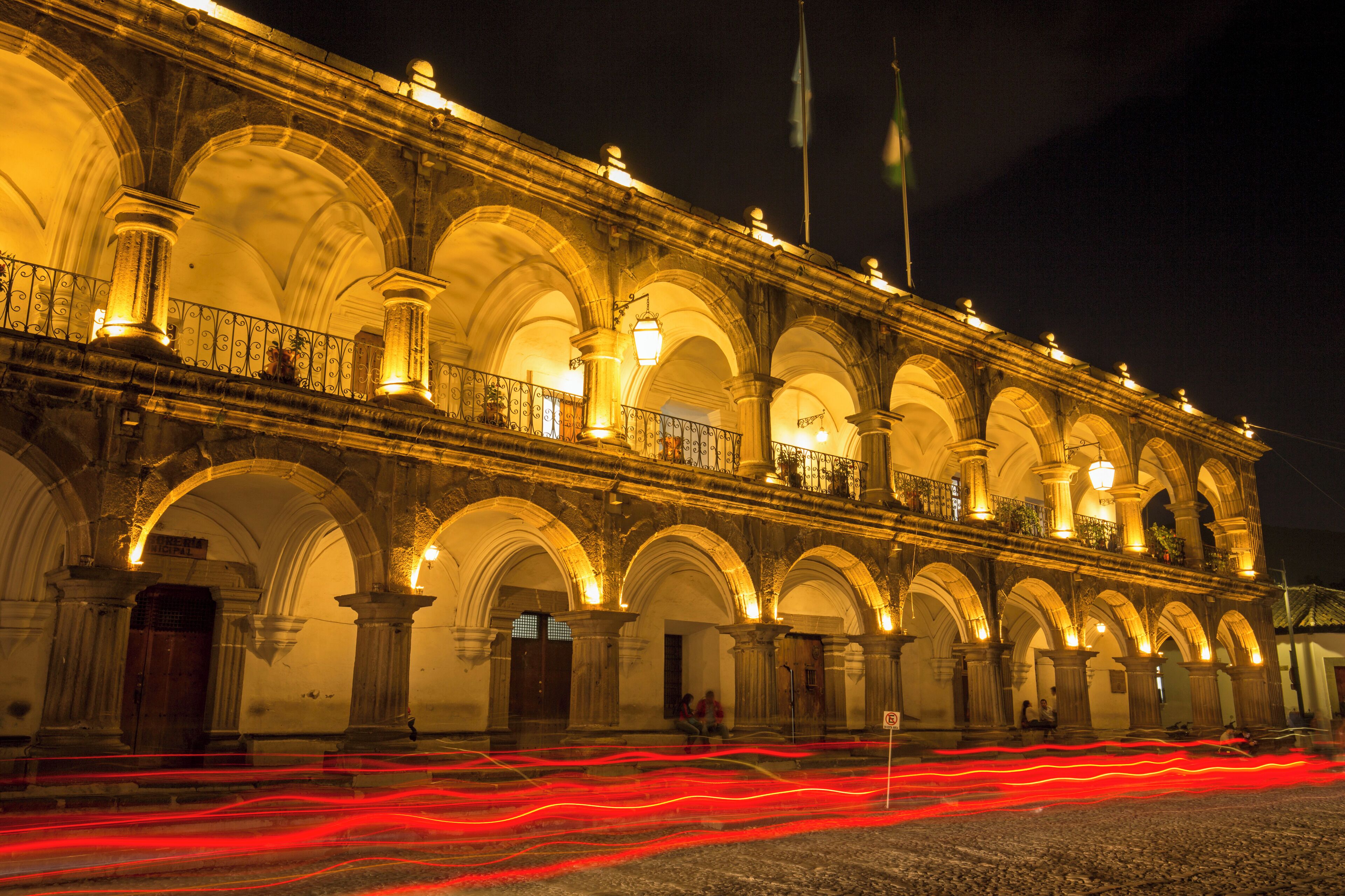 The government buildings in the central square in Antigua. 30s light trails.