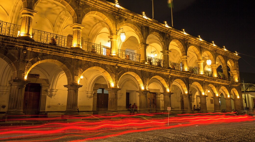 The government buildings in the central square in Antigua. 30s light trails.