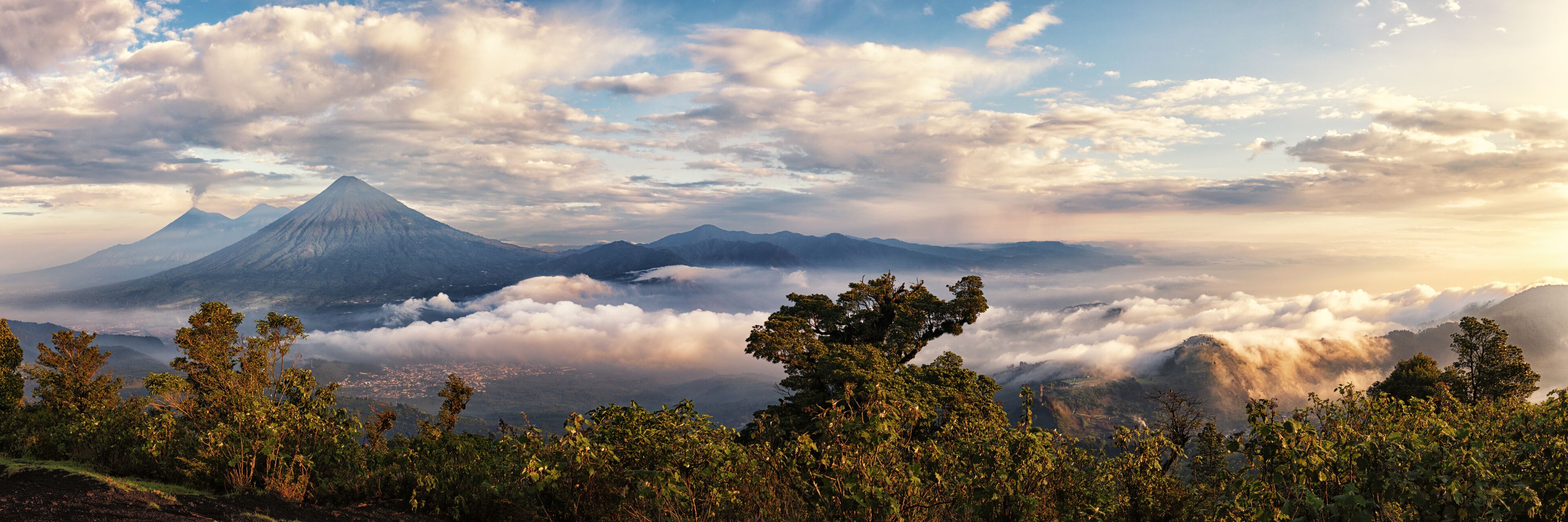 Volcanoes Fuego (active), Acatenango and Agua, View from Pacaya, Guatemala