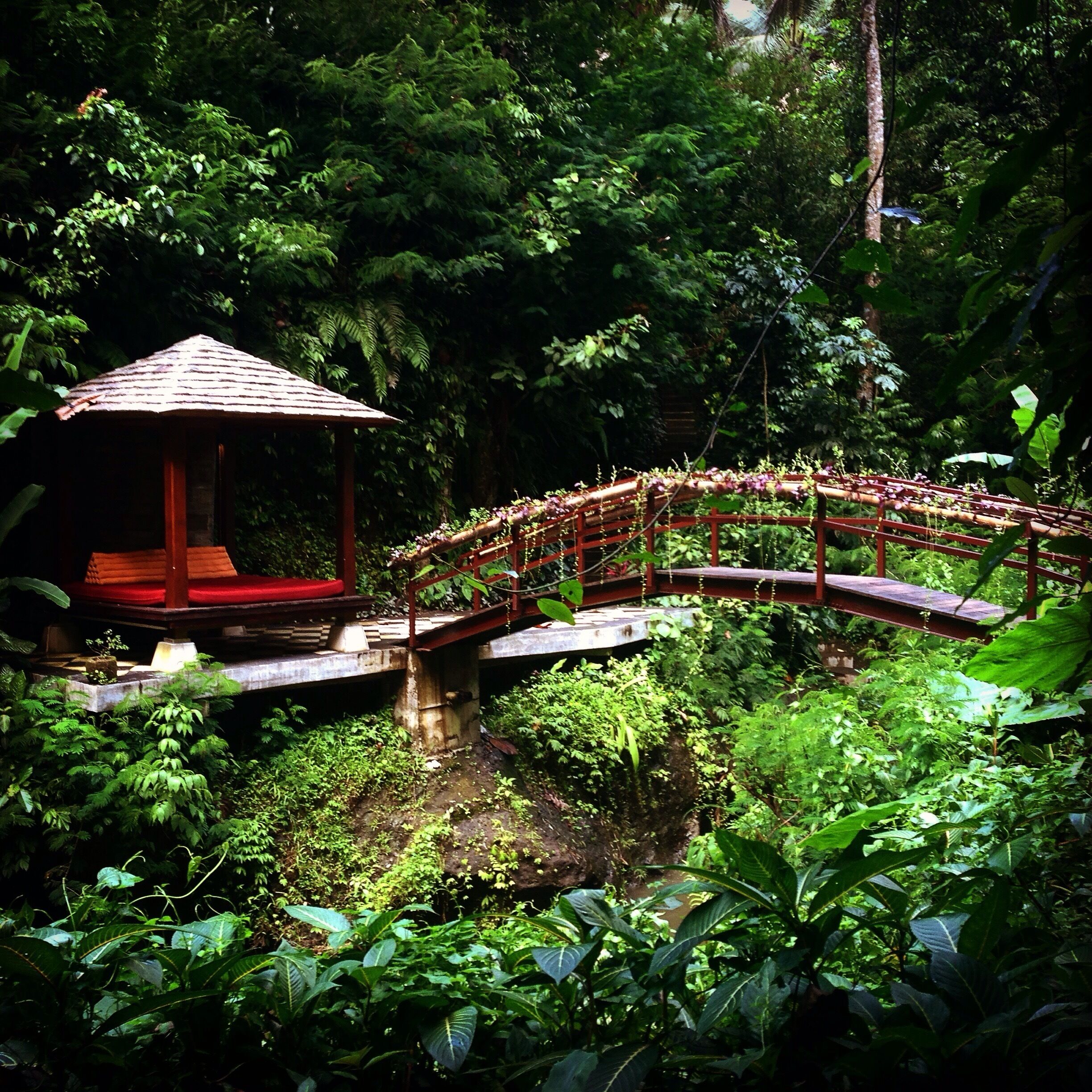 A wooden bridge with a red railing, a small gazebo, and lush greenery.
