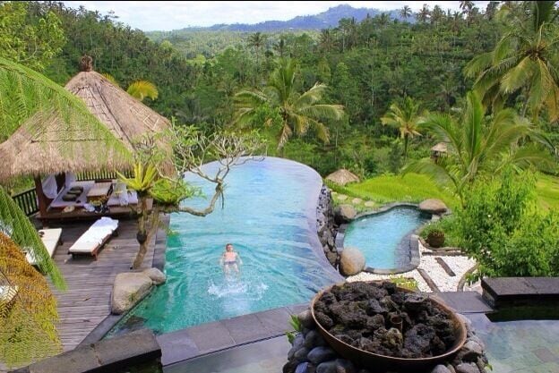 A tropical resort with a swimming pool, lounge chairs, and a thatched-roof hut.