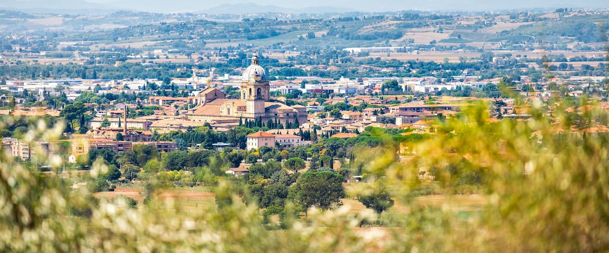 A cityscape with a prominent church with a dome, surrounded by residential buildings and greenery.